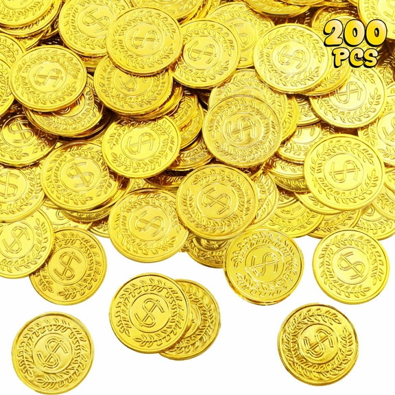 Sinekong 200 pcs Gold Coins, Plastic Gold Coins Bulk, Pirate Treasure for Pirate Party, Treasure Hunt Game, Fake Coins for Classroom Rewards Tokens