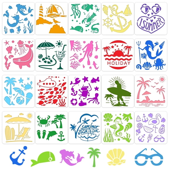 Sinekong 20Pcs 8in Hawaii Stencils, Reusable Summer Beach Stencils, Ocean Life DIY Crafts Drawing Templates for Scrapbooking Fabrics Window Wall