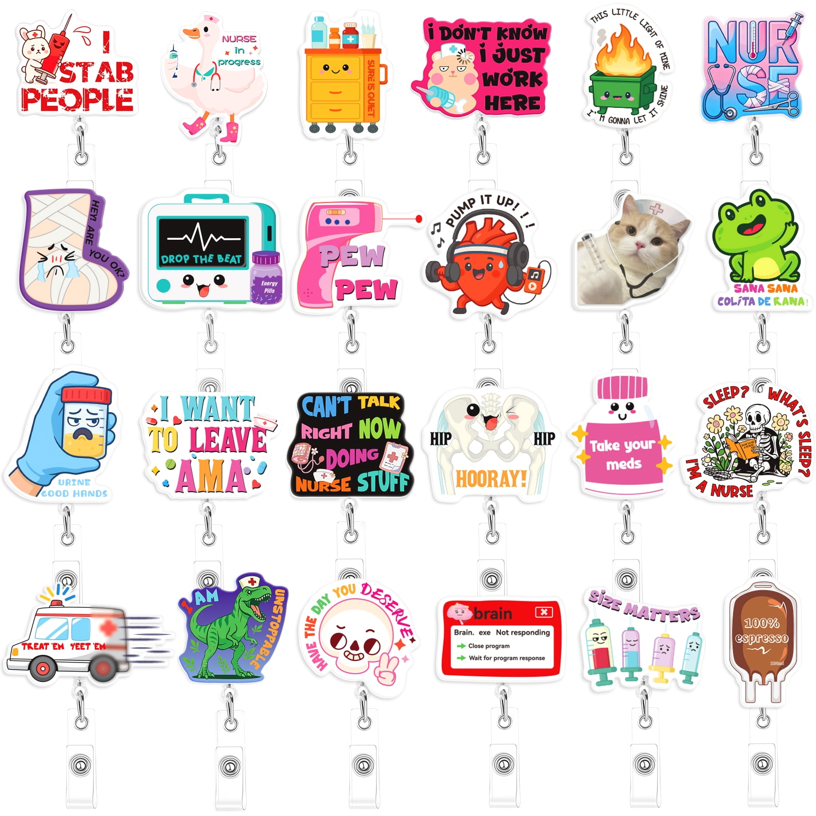 Sinekong 24 Pcs Funny Badge Reel, Nurse Cute Retractable ID Clip Badge Holder for Doctor Student Assistant Coworker Work Accessories Bulk Gifts(Medical)