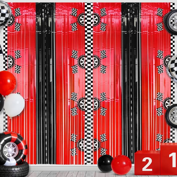 Sinekong 2pcs Race Car Foil Fringe Curtains Backdrop Birthday Party Decorations, Black White Red Party Streamers Decor