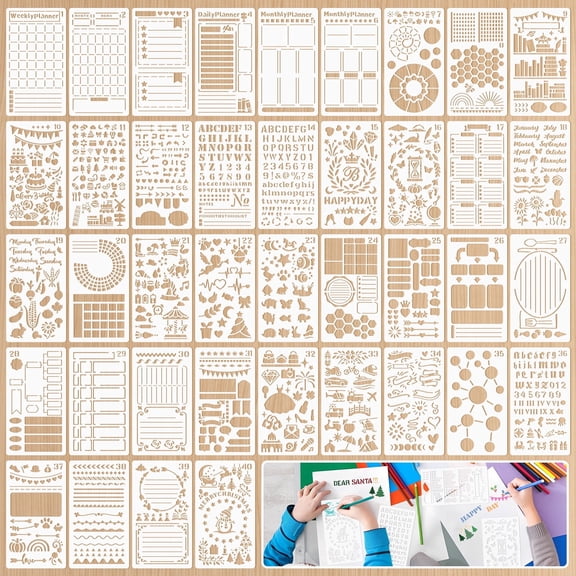 Sinekong 40 PCS Journal Stencils, Bullet Journaling Supplies for Planners DIY Drawing, Notebook Scrapbook Accessories, 4x7 Inch