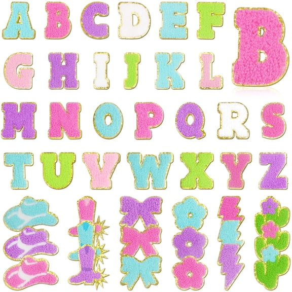 Sinekong 44Pcs Chenille Letters Patches, Rainbow Preppy Self Adhesive Patches for backpacks Embroidered for DIY Jackets Clothing Backpacks Hat