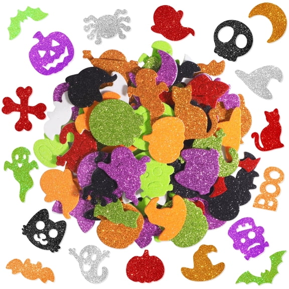 Sinekong 504pcs Halloween Glitter Foam Stickers, Assorted Ghost, Pumpkin, Bat, Spider for Party Favors Craft Supplies