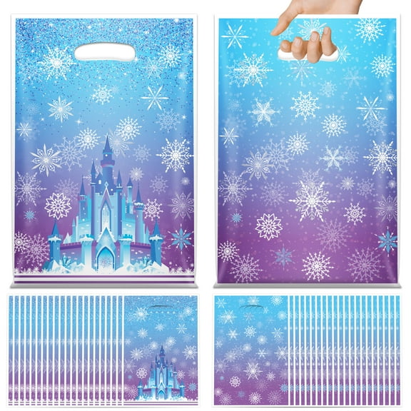 Sinekong 50pcs Winter Snowflake Castle Party Gift Bags Bulk with Handle, Plastic Candy Goodie Bags for Birthday Christmas Winter Wonderland Party Supplies