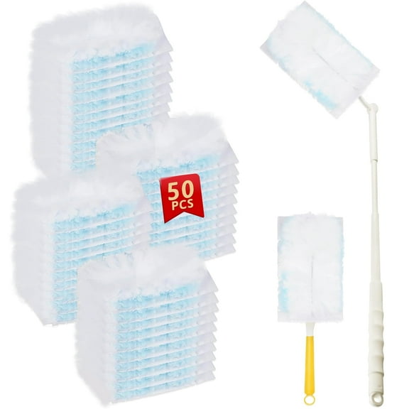 Sinekong 52 Pcs Heavy Duty Duster Refills for SwifferDuster, Disposable Dusters Kit for Cleaning (50 180°Duster + 1 Extended Handle +1 Handle)