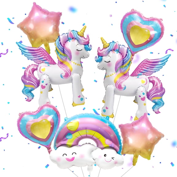 Sinekong 7pcs Self Standing Unicorn Balloons for Girls Birthday Decorations Rainbow Unicorn Party Supplies