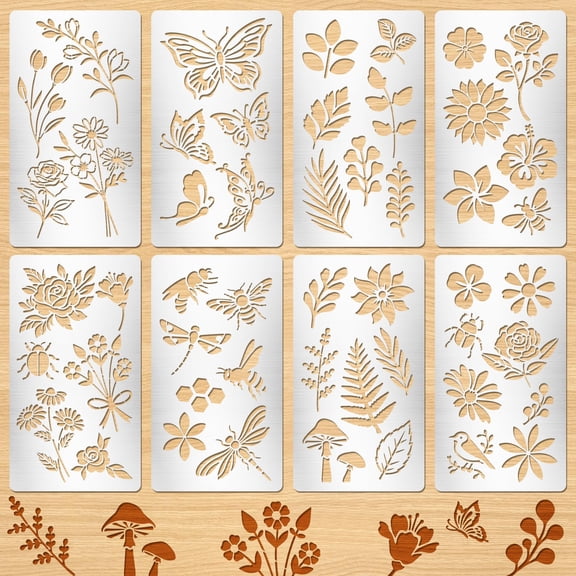 Sinekong 8PCS Metal Stencils, Wood Burning Stencil for Painting, Plant and Insect Mixed Butterfly Flower Stencils for Journaling Engraving Craft DIY