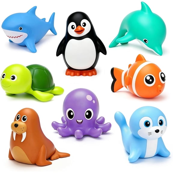 Sinekong 8Pcs Sea Animal Mold Free Bath Toys, No Hole Bath Toys, Soft, Squeezable & Float on Water, Easy-Grip Bath Toy Set, Great Pool Toys for Toddler Infant