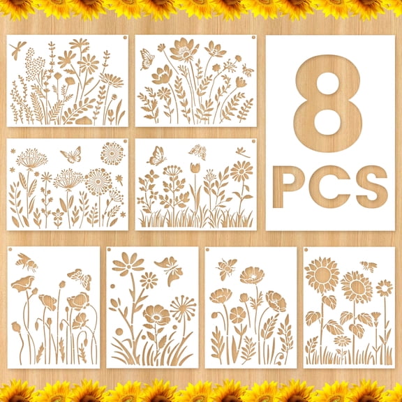 Sinekong 8Pcs Wildflower Stencils for Painting, Reusable Large Spring Floral Wall Stencils for Painting on Wood Wall Canvas(12x16In)