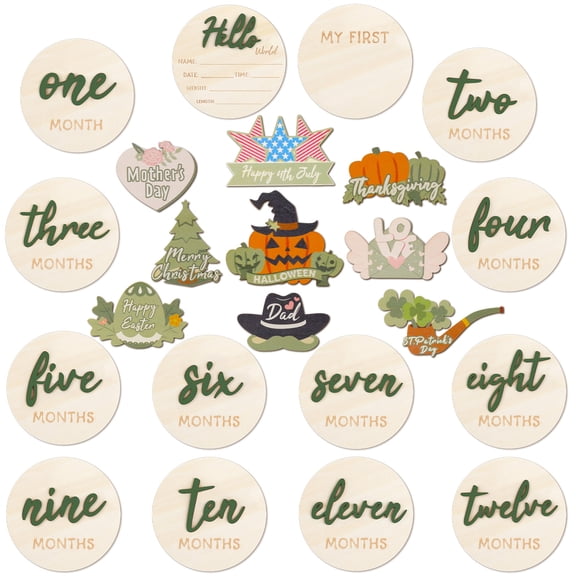 Sinekong Baby Monthly Milestone Markers Disc and First Holiday Signs, Wooden 3D Milestone Cards for Photos, Baby Announcement Sign, 1-12 Months, Green