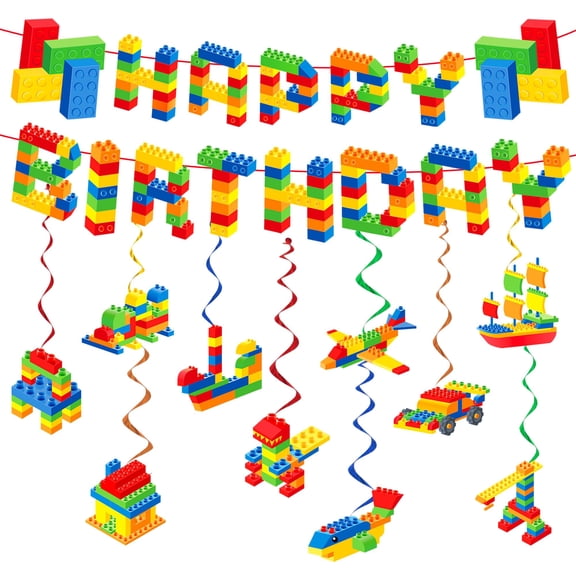 Sinekong Building Block Birthday Party Decorations, Brick Themed Happy Birthday Banner Colorful Block Hanging Swirls for Kids