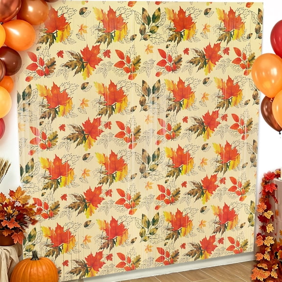 Sinekong Fall Party Decorations, 2 Pack Orange Maple Leaves Pattern Foil Fringe Curtains, Thanksgiving Photo Booth Props Decor
