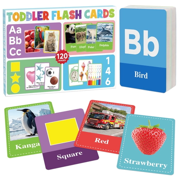Sinekong Flash Cards for Toddlers 1-3, Alphabet ABC Flash Cards Preschool Educational Toddler Learning Activities, 60 Double-Sided Cards
