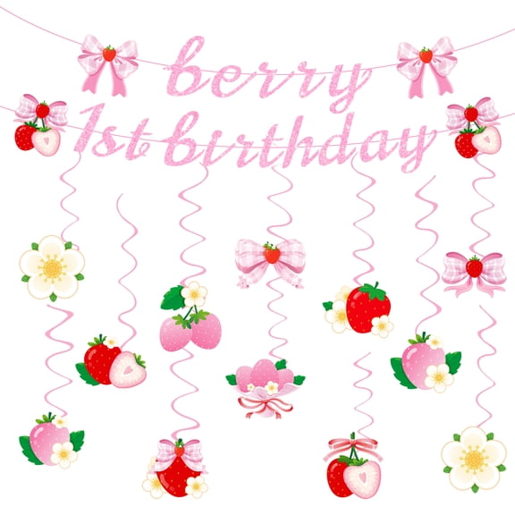 Sinekong Glitter Berry First Birthday Banner Hanging Swirls Set for Girls Strawberry 1st Birthday Decorations