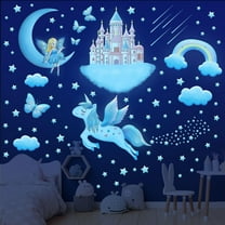 Sinekong Glow in The Dark Stars for Ceiling, Unicorn Wall Decals Fairy Rainbow Castle Stickers for Girls Bedroom Nursery, Blue