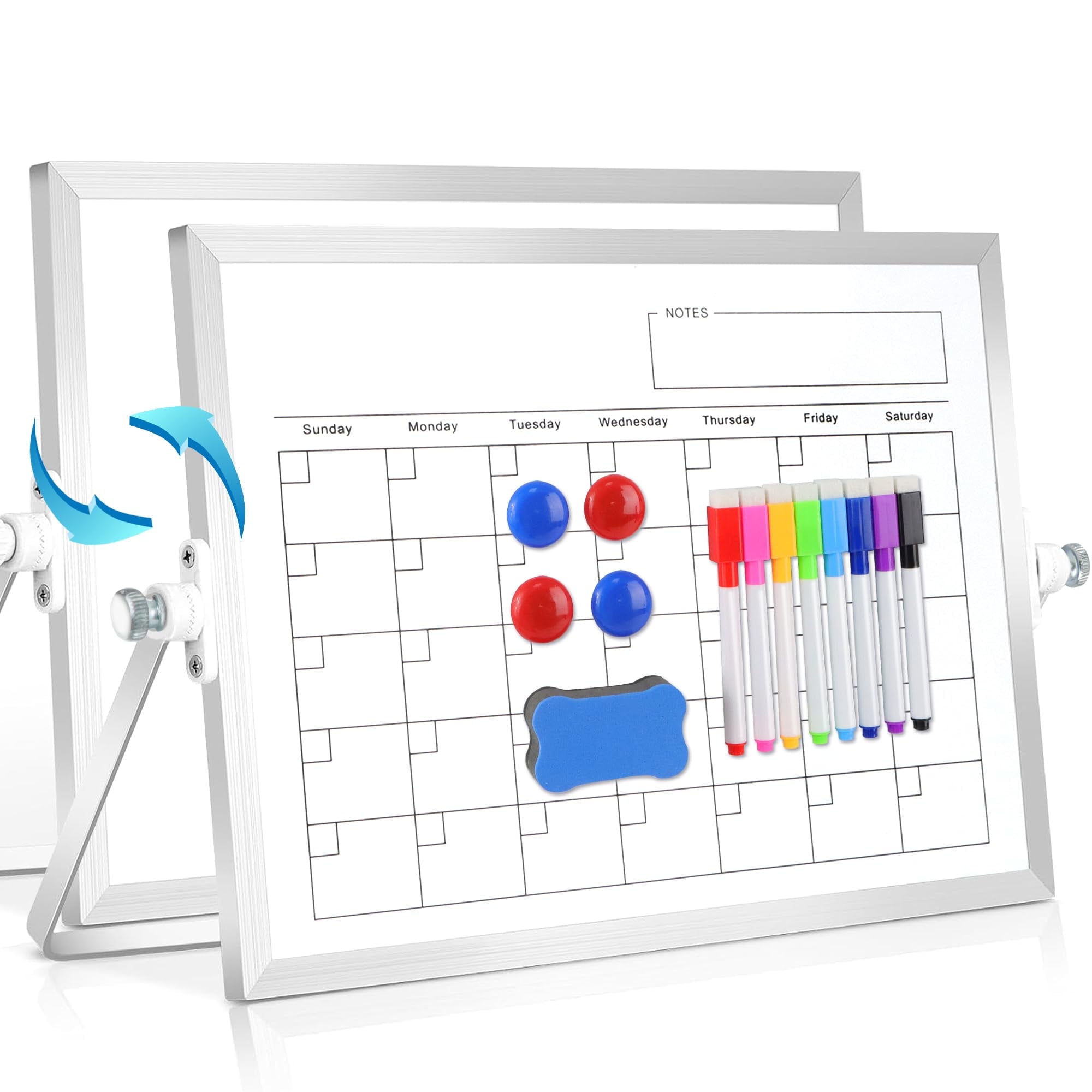 Sinekong Magnetic Dry Erase Board with Stand, Double-Sided Monthly Whiteboard 12"x16", Portable Desktop Whiteboard