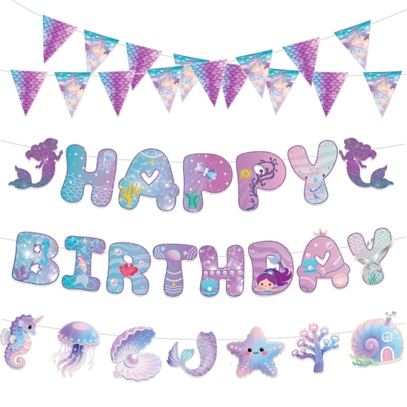 Sinekong Mermaid Birthday Banner, Mermaids Party Supplies Decoration for Ocean Theme Parties, Birthdays Parties and Home Decor