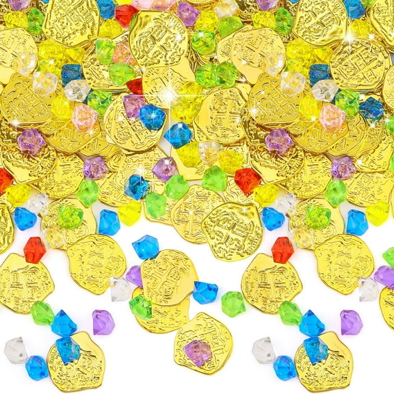 Sinekong Pirate Treasure Set, 100 Plastic Pirate Gold Coins + 100 Colorful Fake Gem Jewelry Treasure for Adventure Party Favors Decor