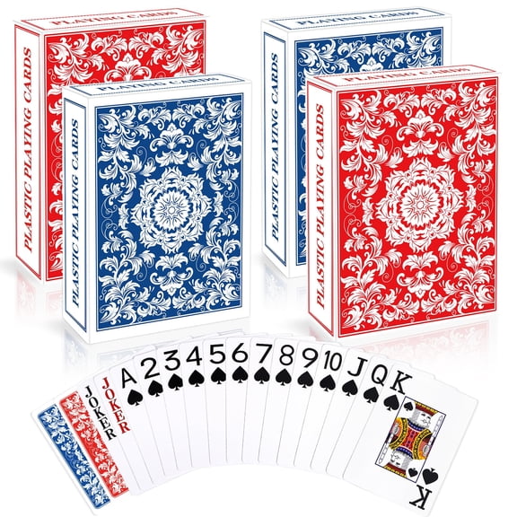 Sinekong Plastic Playing Cards, Waterproof Card, 4 Decks, Bulk Set Poker Size Cards, Jumbo Large Print for Adults Family Game Night (4)