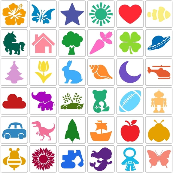 Sinekong 36 Pcs Stencils for Kids, Chalk Drawing Stencils for DIY Crafts Art Project, Washable, 5in