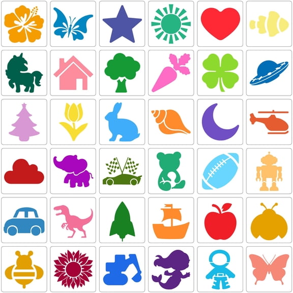 Sinekong 36 Pcs Stencils for Kids, Chalk Drawing Stencils for DIY Crafts Art Project, Washable, 5in