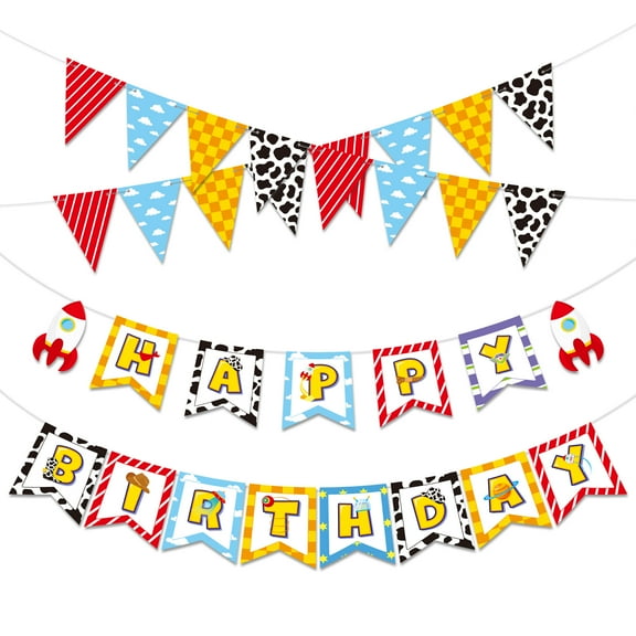 Sinekong Toys Inspired Happy Birthday Banner for Cartoon Story Decorations, Cloud Cow Print Banner Flags Hanging Decorations for Birthday Baby Shower Cartoon Story Party Supplies