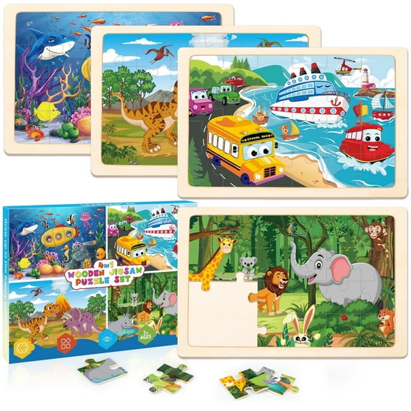 Sinekong Wooden Jigsaw Puzzles for Kids Ages 4-6, 4 pack 24 Pieces Animals Puzzles for Toddlers Ages 2-4 Educational Kids Toy for Boys Girls