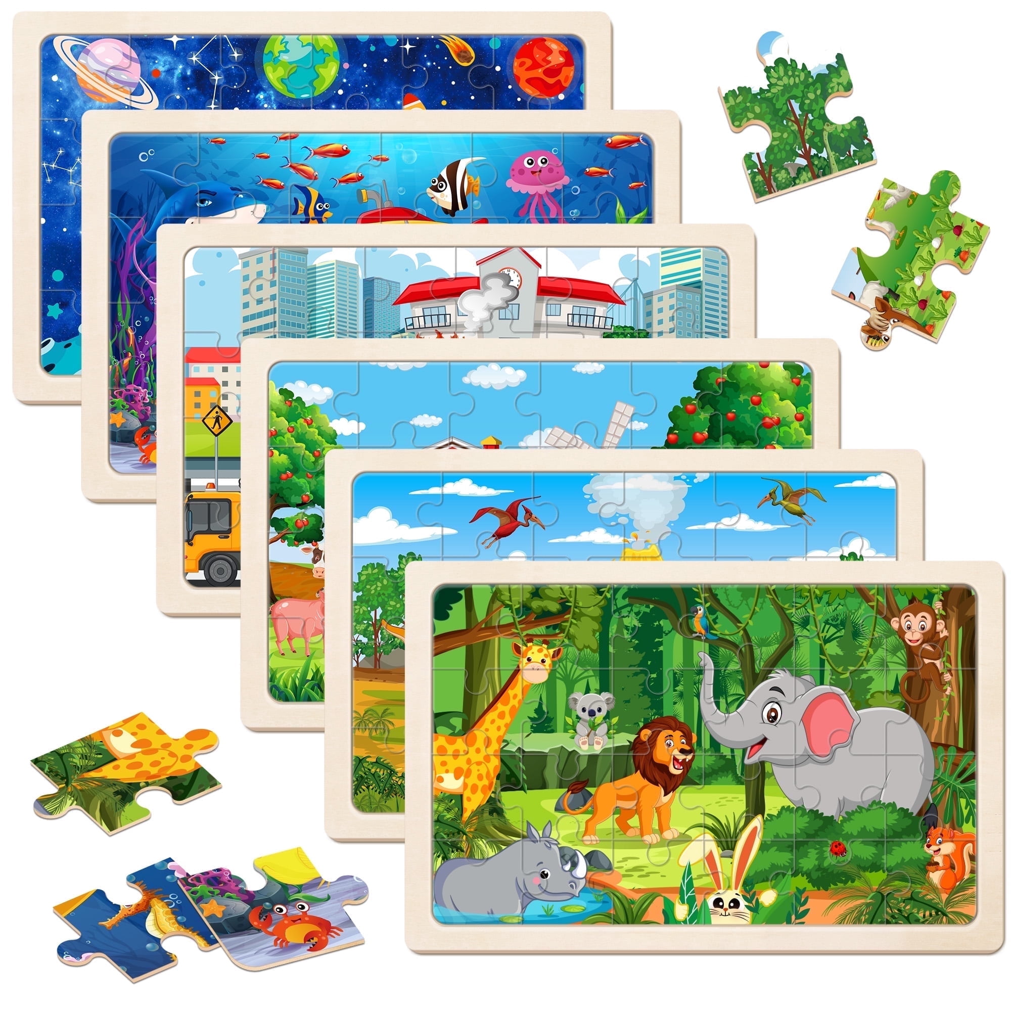 Sinekong Wooden Animals Jigsaw Puzzles 6 Pack 24 Pieces for Kids 4-6 ...