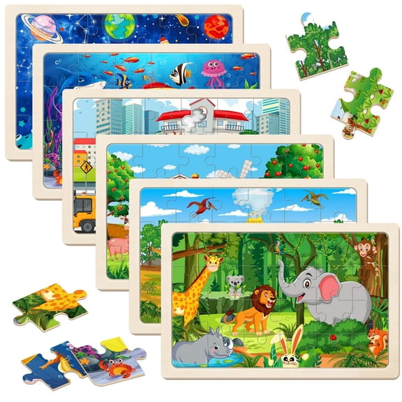 Sinekong Wooden Animals Jigsaw Puzzles for Kids Ages 4-6, 6 Pack 24 Pieces Preschool Educational Kids Puzzles Toy For Boys Girls
