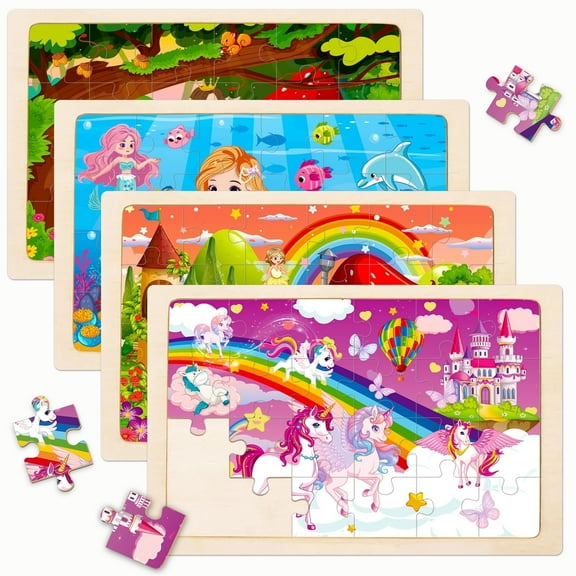 Sinekong Wooden Puzzles for Kids Ages 4-6, 4 Pack 24 Pcs Princess Mermaid Jigsaw Puzzles for Toddlers Ages 2-4 Preschool Toys Gifts for Boys Girls