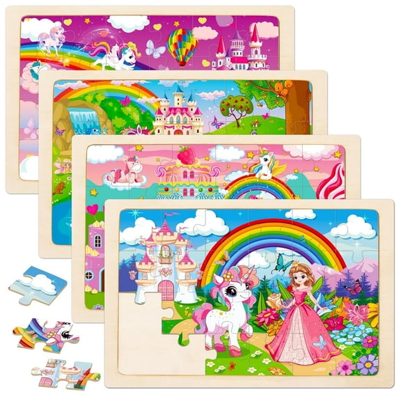 Sinekong Wooden Puzzles for Kids Ages 4-6, 4 pack 24 Pcs Unicorn Jigsaw Puzzles for Toddlers Ages 2-4 Preschool Toys Gifts for Boys Girls