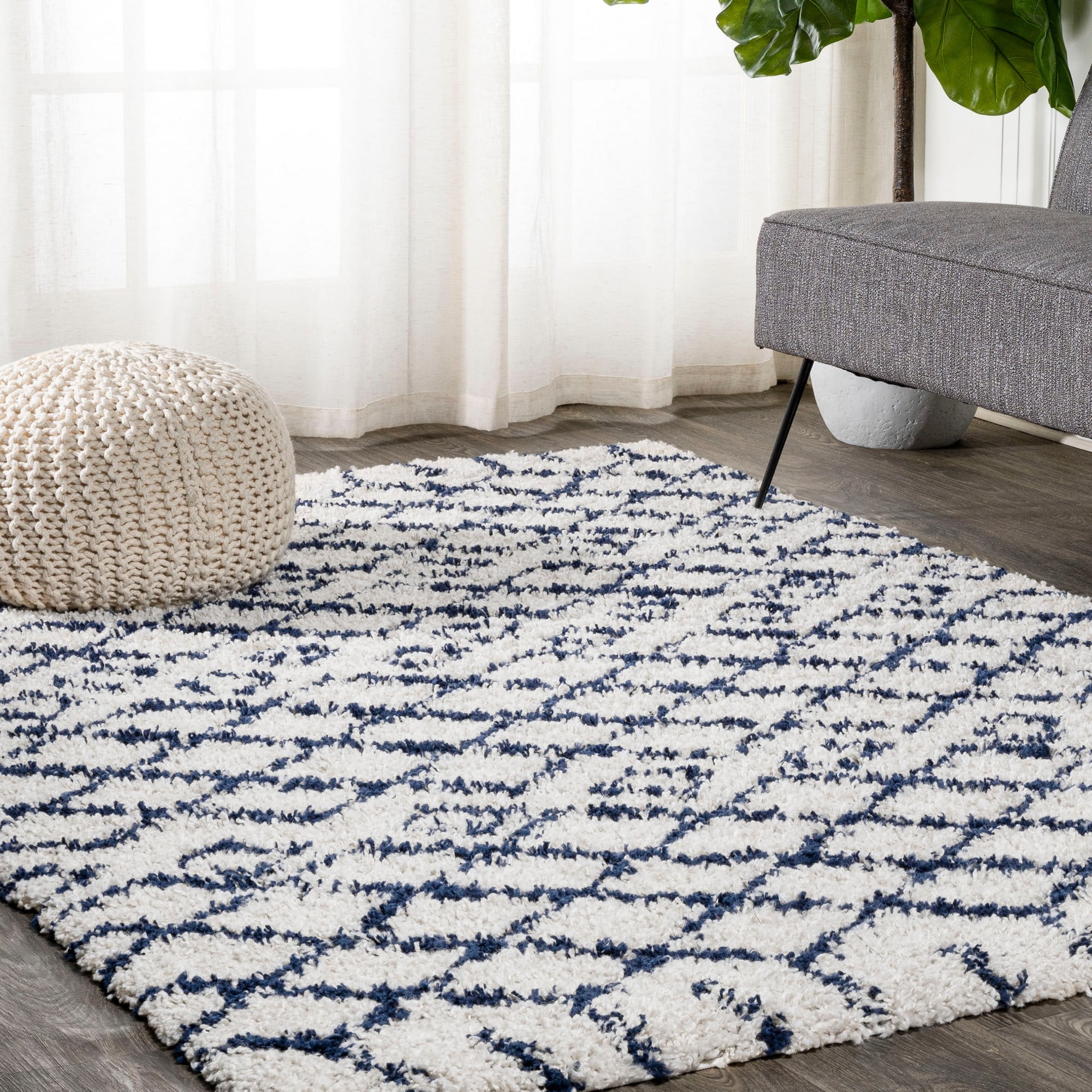Ivory and Navy Moroccan Diamond Shag Area Rug
