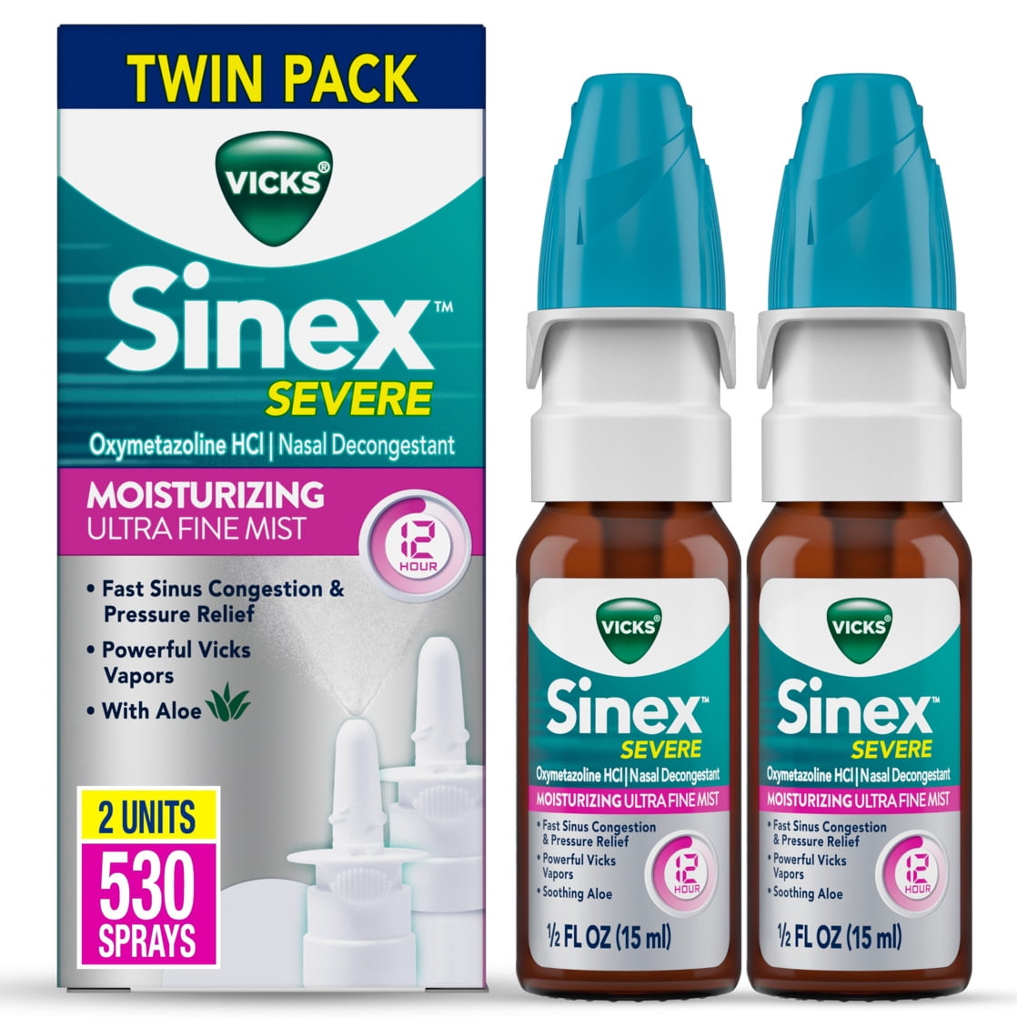 Vicks Sinex Severe Moisturizing Ultra Fine Nasal Mist with Aloe, Over-the-Counter Medicine, 265 Sprays x 2