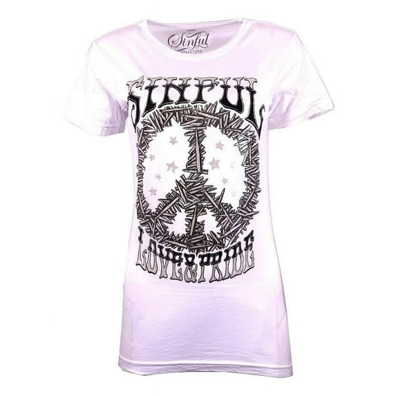 Sinful AFFLICTION Women's S/S T-Shirt PEACE & LOVE Tee Wings Biker