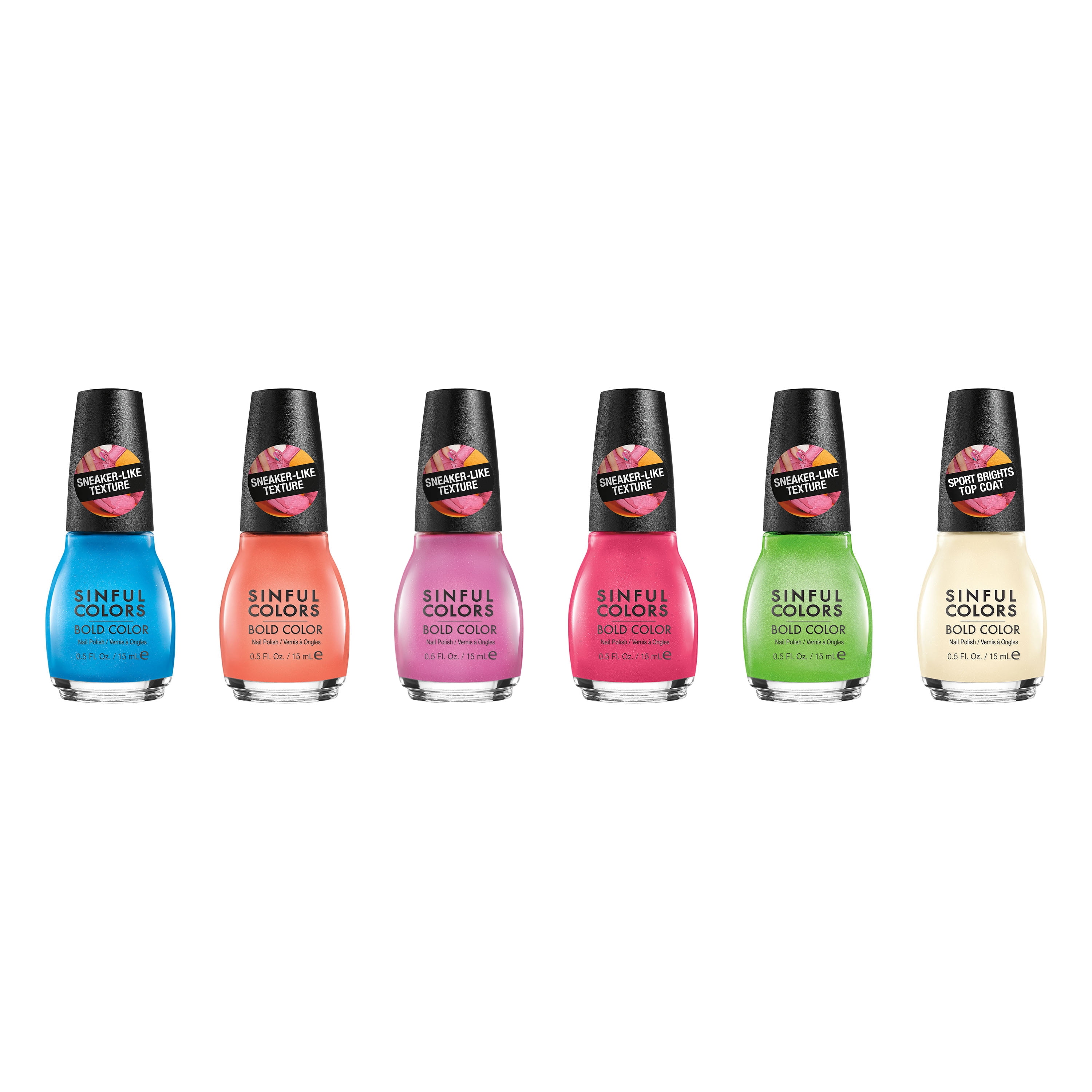 Sinful Colors Sporty Brights Nail Polish, 6 Packs, Fit Chick, Fitspo, Double Time, Trainers, Warning!, Top Coat