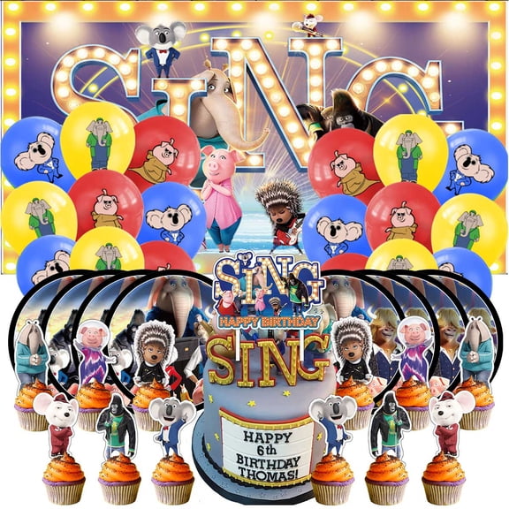 Sing Movie Themed Birthday Party Decor Set - Balloons, Paper Plates, Cake Toppers, Tableware & 5x2.3ft Backdrop Banner