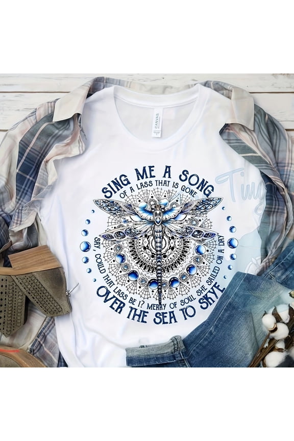 Sing Me a Song of a Lass That is Gone Dragonfly Mandala Graphic Tee Retro Scottish Folk Song Inspired Women's Short Sleeve Casual White Fashion T-Shirt Top