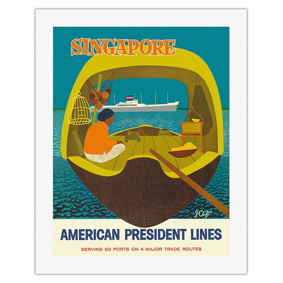Singapore - American President Lines - Vintage Ocean Liner Travel Poster by John Russell Clift c.1958 - Fine Art Rolled Canvas Print 20in x 26in