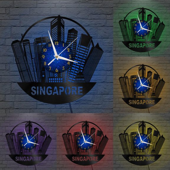 Singapore City View 12 Inch Vinyl Record Wall Clock - Silent, Creative, and Unique Clock for Living Room, Entryway, or Bedroom Decor - Perfect Gift Idea(12 inchs B with LED)