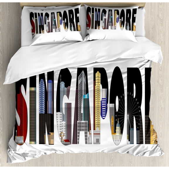 Singapore Duvet Cover Set King Size, Modern Lettering with City Skyline Illustrated in the Letters on a Plain Backdrop, Decorative 3 Piece Bedding Set with 2 Pillow Shams, Multicolor, by Ambesonne