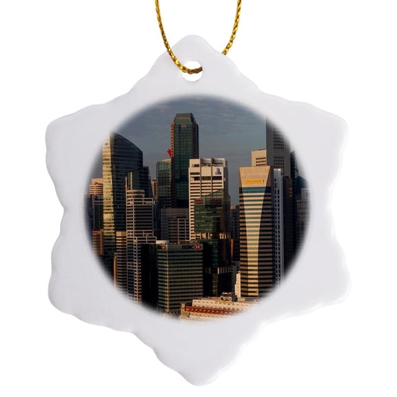 3drose, Singapore, Elevated Skyline View Above Fullerton Hotel, Dawn, 3 inch Snowflake Porcelain Ornament