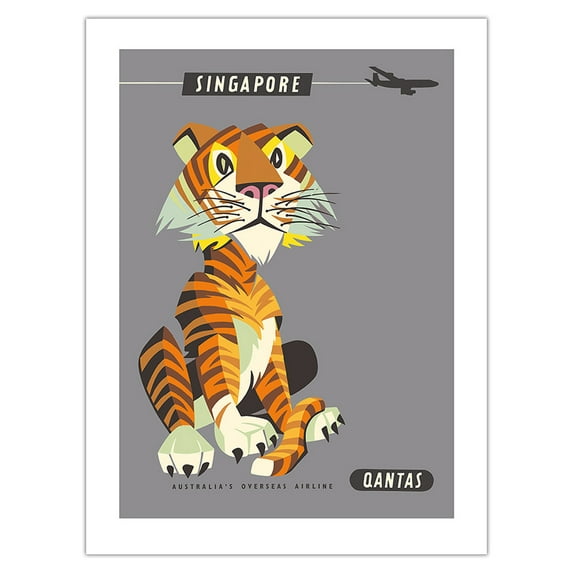 Singapore - Malayan Tiger - Qantas Airways - Vintage Airline Travel Poster by Harry Rogers c.1960s - Bamboo Fine Art 290gsm Paper Print (Unframed) 18x24in