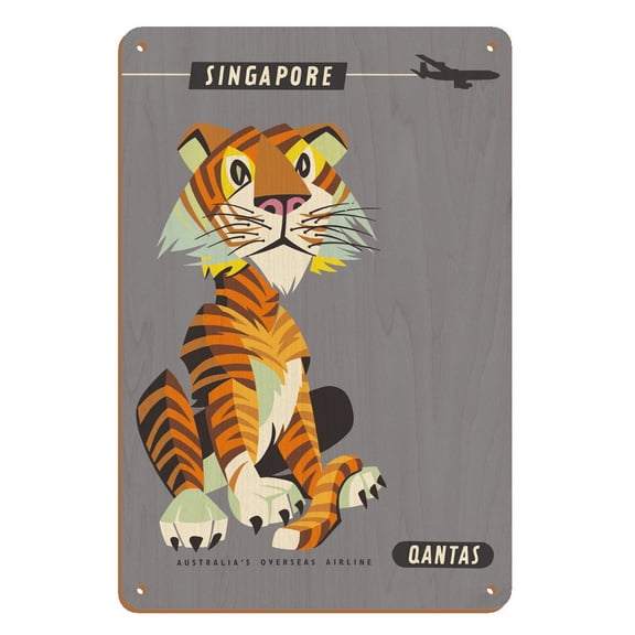 Singapore - Malayan Tiger - Qantas Airways - Vintage Airline Travel Poster by Harry Rogers c.1960s - 8 x 12 inch Vintage Wood Art Sign
