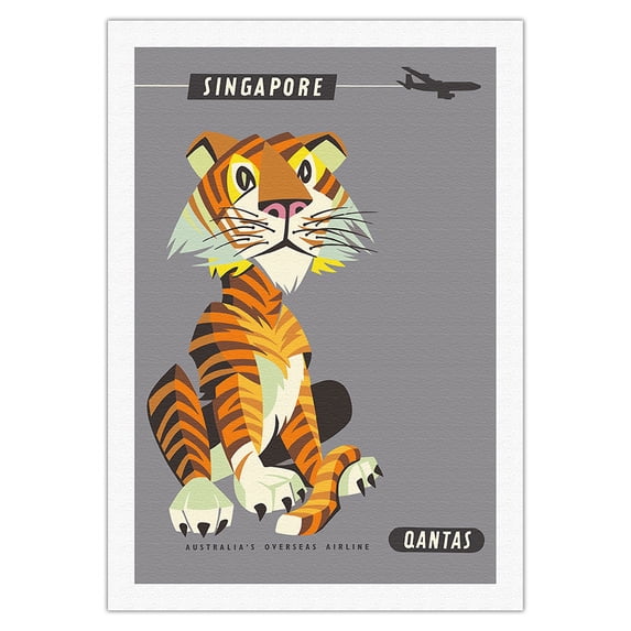 Singapore - Malayan Tiger - Qantas Airways - Vintage Airline Travel Poster by Harry Rogers c.1960s - Fine Art Rolled Canvas Print 27in x 40in