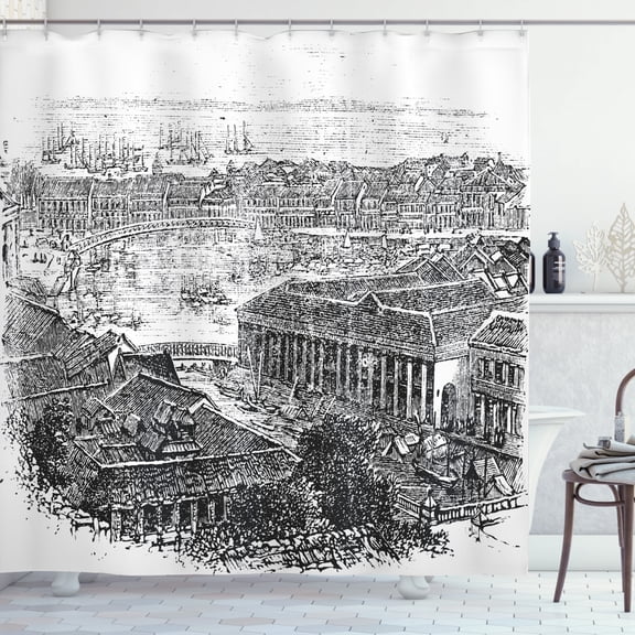 Singapore Shower Curtain, Sketchy Vintage Artwork of a City in the Old Times Historic Architecture, Fabric Bathroom Set with Hooks, 69W X 84L Inches Extra Long, Charcoal Grey White, by Ambesonne