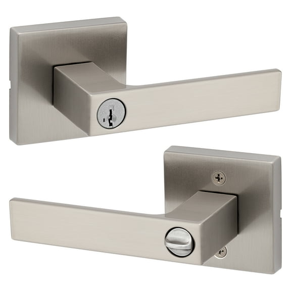 Kwikset Singapore Square Keyed Entry Lever Doorknob with Smartkey Satin Nickel