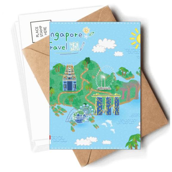 Singapore Travel Map Art Deco Fashion Postcards Envelopes Blank Note Cards Mailing