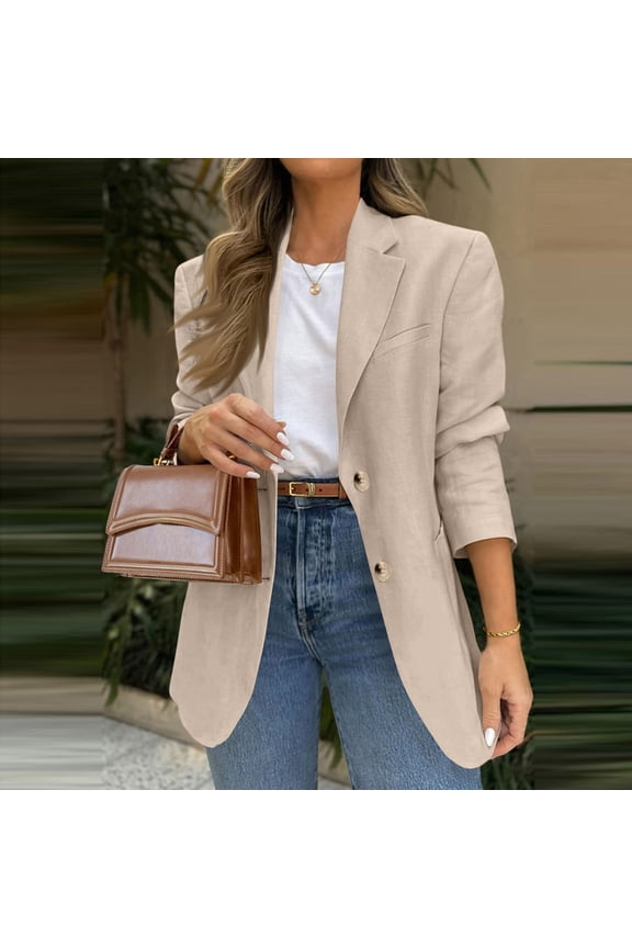 Singel Breasted Blazer Womens Button Casual Open Front Long Sleeve Suit Jackets Business Work Office Blazers Khaki 2XL
