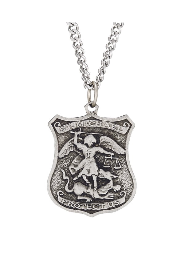1-/16 Inch Pewter St. Michael Shield Medal, Patron Saint of Police Officers