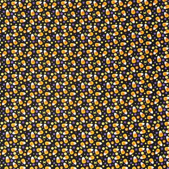 Singer, 100% Cotton, Candy Corn And Purple Dots On Blk, Cut by Yard